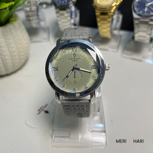 Crystal Time Military-Style Quartz Watch β Matte Grey Dial with Textured Strap