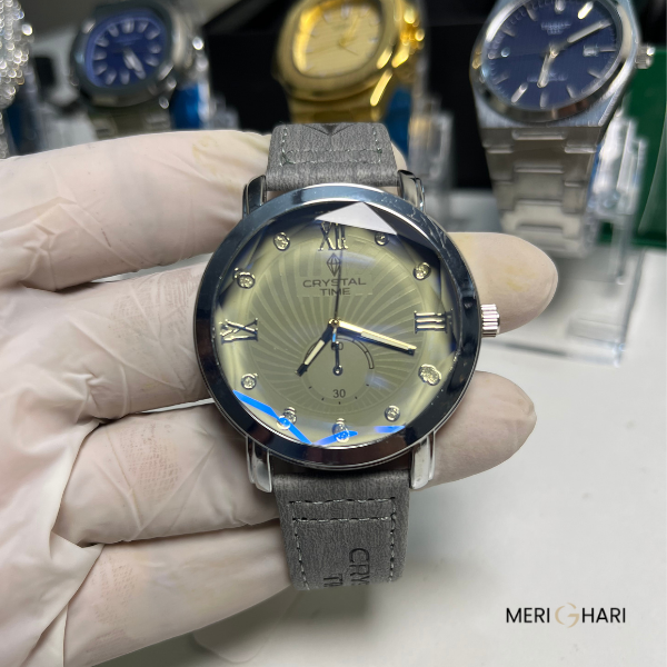 Crystal Time Military-Style Quartz Watch – Matte Grey Dial with Textured Strap