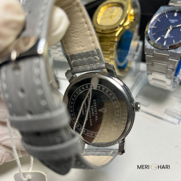 Crystal Time Military-Style Quartz Watch – Matte Grey Dial with Textured Strap