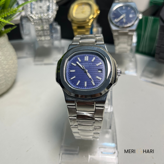 Patek-Style Blue Dial Watch for Men | Silver Stainless Steel Analog Date Wristwatch