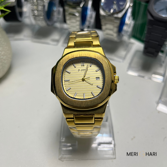 Luxury Men's Gold Watch P-PPLI | Stainless Steel Analog Date Wristwatch