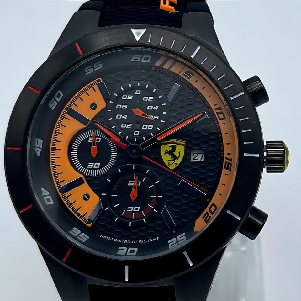 Ferrari Chronograph Sports Watch – Black & Orange Dial with Rubber Strap