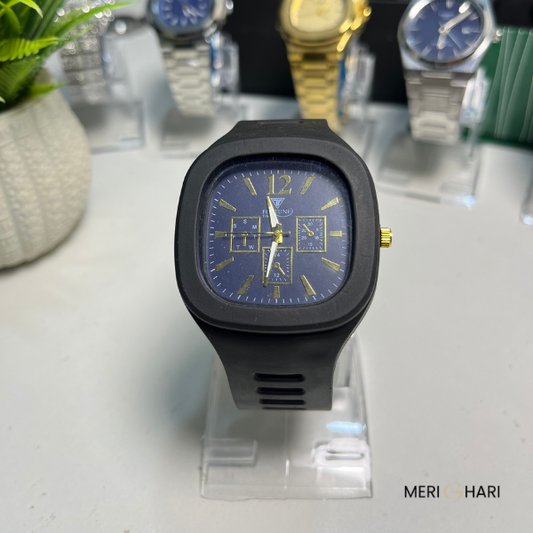 Fortuner Sport Chrono-Style Watch – Blue Dial with Black Rubber Strap