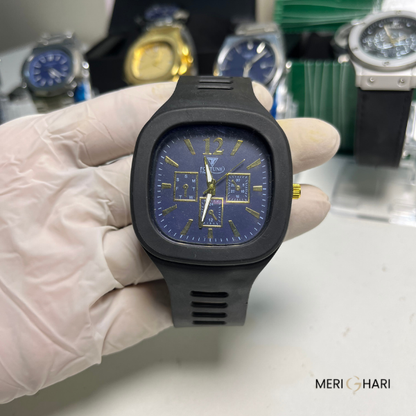 Fortuner Sport Chrono-Style Watch – Blue Dial with Black Rubber Strap