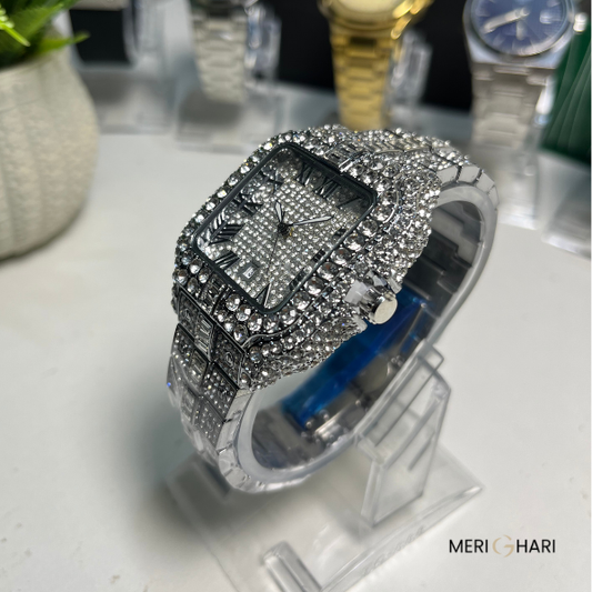 Iced Out Roman Dial Luxury Watch – Fully Crystallized Steel Design