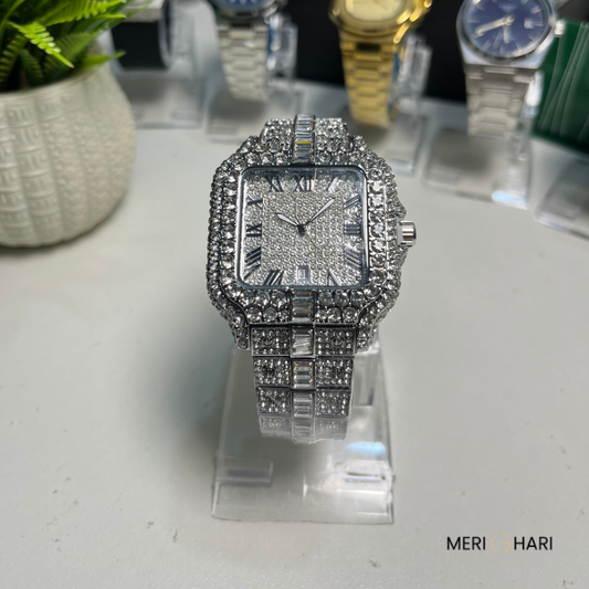 Iced Out Roman Dial Luxury Watch – Fully Crystallized Steel Design