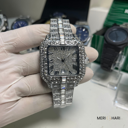 Iced Out Roman Dial Luxury Watch – Fully Crystallized Steel Design