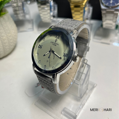 Crystal Time Military-Style Quartz Watch – Matte Grey Dial with Textured Strap