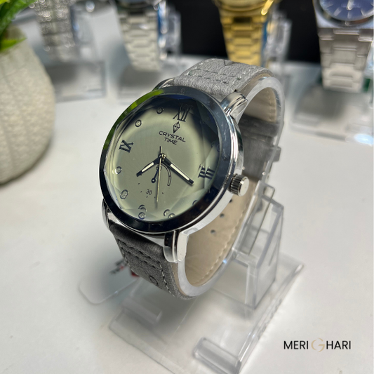Crystal Time Military-Style Quartz Watch – Matte Grey Dial with Textured Strap