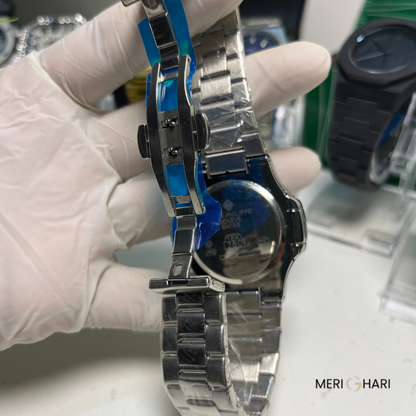 Patek-Style Blue Dial Watch for Men | Silver Stainless Steel Analog Date Wristwatch