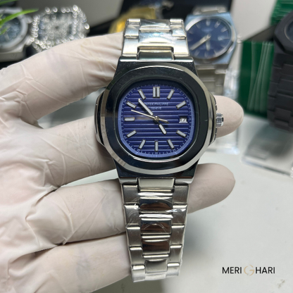 Patek-Style Blue Dial Watch for Men | Silver Stainless Steel Analog Date Wristwatch