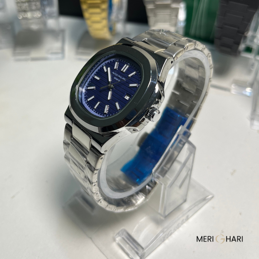 Patek-Style Blue Dial Watch for Men | Silver Stainless Steel Analog Date Wristwatch