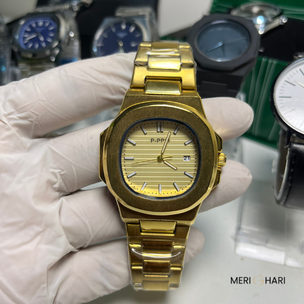 Luxury Men's Gold Watch P-PPLI | Stainless Steel Analog Date Wristwatch