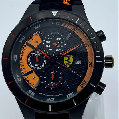 Ferrari Chronograph Sports Watch – Black & Orange Dial with Rubber Strap