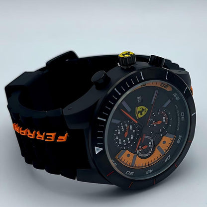 Ferrari Chronograph Sports Watch – Black & Orange Dial with Rubber Strap