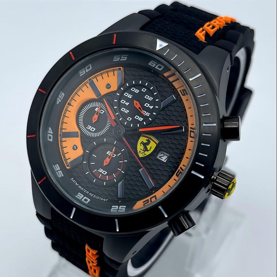 Ferrari Chronograph Sports Watch – Black & Orange Dial with Rubber Strap