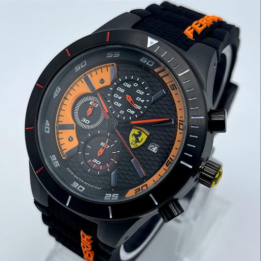 Ferrari Chronograph Sports Watch – Black & Orange Dial with Rubber Strap