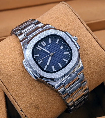 Patek-Style Blue Dial Watch for Men | Silver Stainless Steel Analog Date Wristwatch